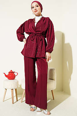 Bel Tünelli Bağlamalı Simli İkili Takım Bordo - İkili Takım