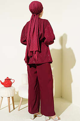 Bel Tünelli Bağlamalı Simli İkili Takım Bordo - İkili Takım