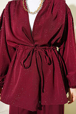 Bel Tünelli Bağlamalı Simli İkili Takım Bordo - İkili Takım