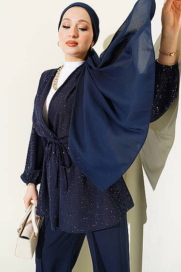 Bel Tünelli Bağlamalı Simli İkili Takım Lacivert - İkili Takım