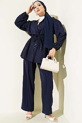 Bel Tünelli Bağlamalı Simli İkili Takım Lacivert - İkili Takım