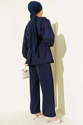 Bel Tünelli Bağlamalı Simli İkili Takım Lacivert - İkili Takım