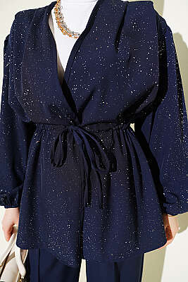 Bel Tünelli Bağlamalı Simli İkili Takım Lacivert - İkili Takım