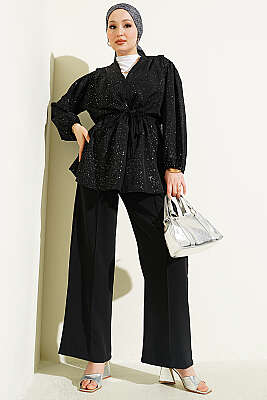 Bel Tünelli Bağlamalı Simli İkili Takım Siyah - HATUN