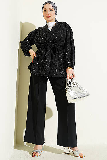 Bel Tünelli Bağlamalı Simli İkili Takım Siyah - İkili Takım