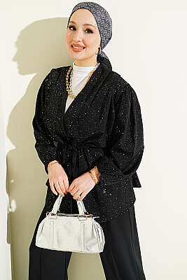 Bel Tünelli Bağlamalı Simli İkili Takım Siyah - İkili Takım