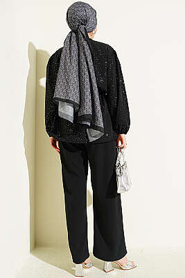 Bel Tünelli Bağlamalı Simli İkili Takım Siyah - İkili Takım