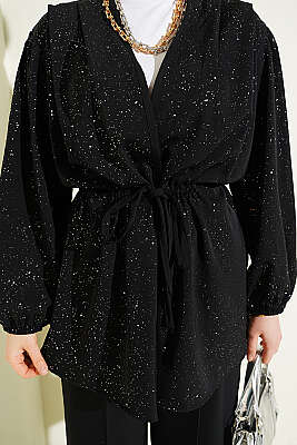 Bel Tünelli Bağlamalı Simli İkili Takım Siyah - İkili Takım