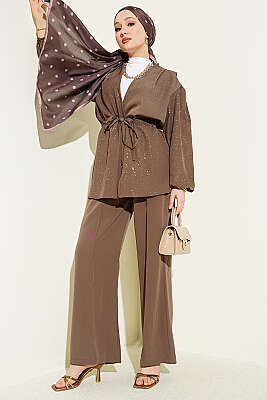 Bel Tünelli Bağlamalı Simli İkili Takım Vizon - HATUN