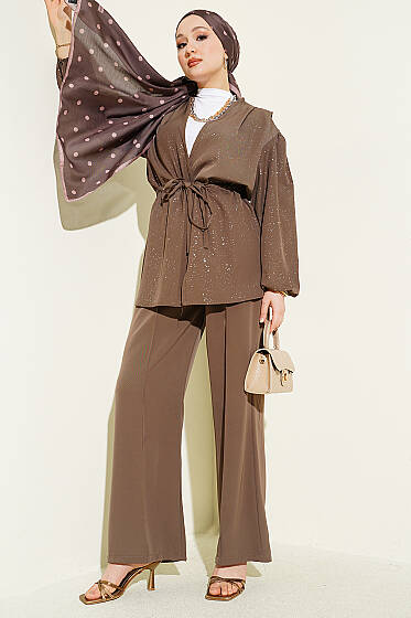 Bel Tünelli Bağlamalı Simli İkili Takım Vizon - İkili Takım