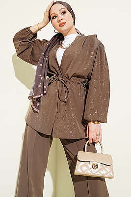 Bel Tünelli Bağlamalı Simli İkili Takım Vizon - İkili Takım