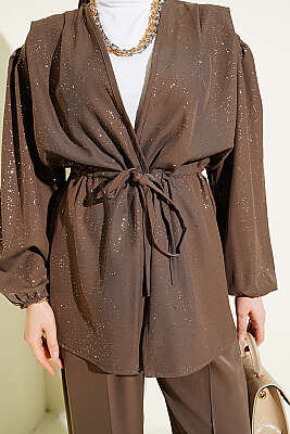 Bel Tünelli Bağlamalı Simli İkili Takım Vizon - İkili Takım