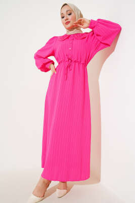 Bel Tünelli Bebe Yaka Elbise Fuşya - FİXAY