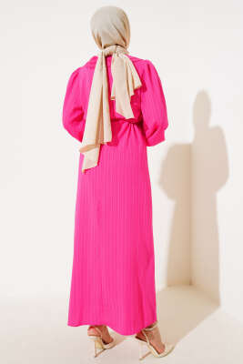 Bel Tünelli Bebe Yaka Elbise Fuşya - Tesettür Elbise