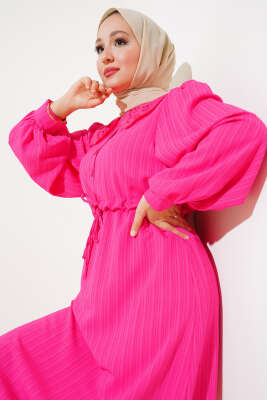Bel Tünelli Bebe Yaka Elbise Fuşya - Tesettür Elbise