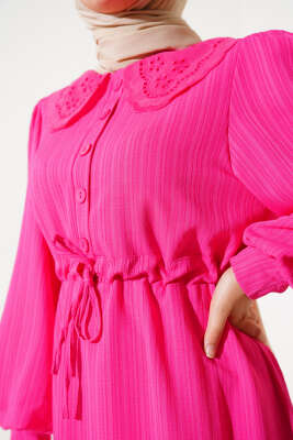 Bel Tünelli Bebe Yaka Elbise Fuşya - Tesettür Elbise