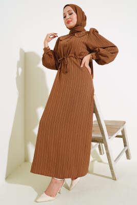 Bel Tünelli Bebe Yaka Elbise Kahve - FİXAY