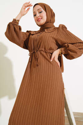 Bel Tünelli Bebe Yaka Elbise Kahve - Tesettür Elbise