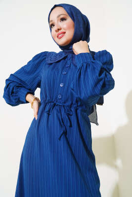 Bel Tünelli Bebe Yaka Elbise Lacivert - Tesettür Elbise