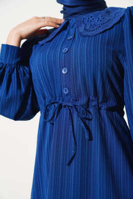 Bel Tünelli Bebe Yaka Elbise Lacivert - Tesettür Elbise