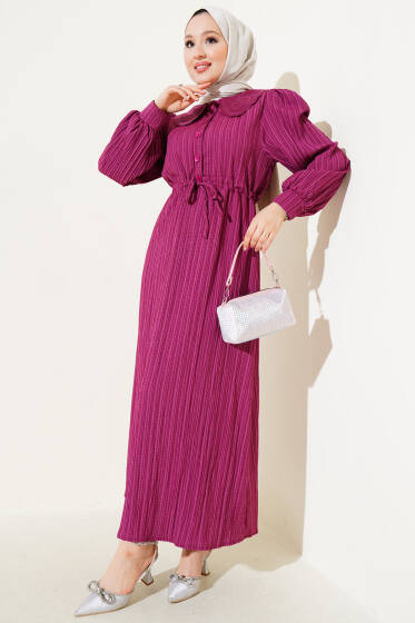 Bel Tünelli Bebe Yaka Elbise Mor - Tesettür Elbise
