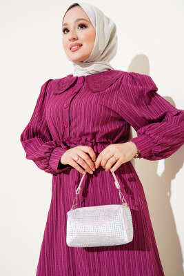 Bel Tünelli Bebe Yaka Elbise Mor - Tesettür Elbise