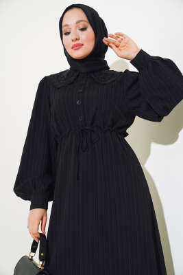 Bel Tünelli Bebe Yaka Elbise Siyah - Tesettür Elbise