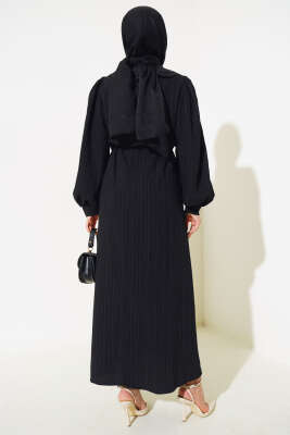 Bel Tünelli Bebe Yaka Elbise Siyah - Tesettür Elbise