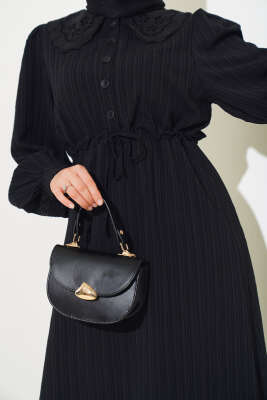 Bel Tünelli Bebe Yaka Elbise Siyah - Tesettür Elbise