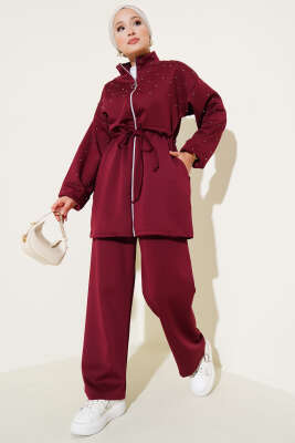 Bel Tünelli Boncuklu Scuba İkili Takım Bordo