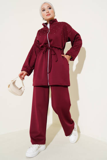 Bel Tünelli Boncuklu Scuba İkili Takım Bordo - Scuba Ürünler