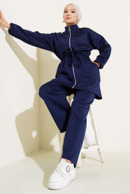 Bel Tünelli Boncuklu Scuba İkili Takım Lacivert