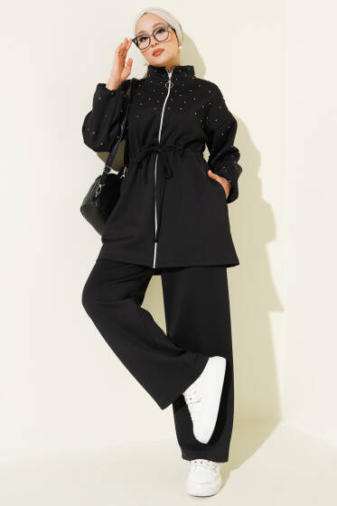 Bel Tünelli Boncuklu Scuba İkili Takım Siyah - İkili Takım