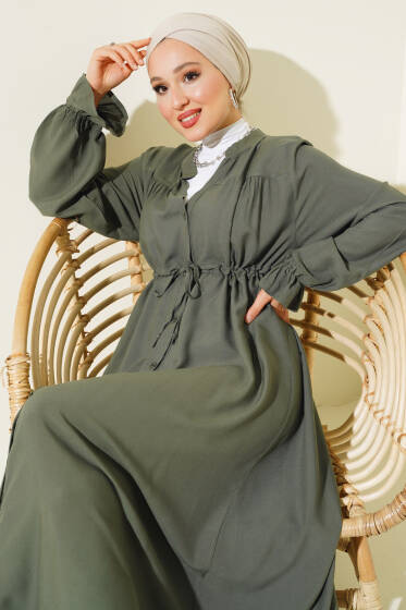 Bel Tünelli Boydan Düğmeli Elbise Haki - Elbise