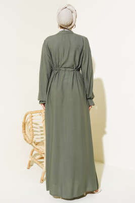 Bel Tünelli Boydan Düğmeli Elbise Haki - Tesettür Elbise