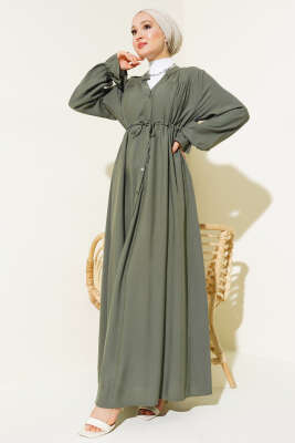 Bel Tünelli Boydan Düğmeli Elbise Haki - Tesettür Elbise