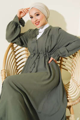 Bel Tünelli Boydan Düğmeli Elbise Haki - Tesettür Elbise