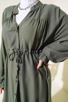 Bel Tünelli Boydan Düğmeli Elbise Haki - Tesettür Elbise