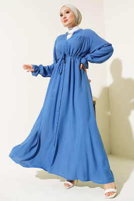 Bel Tünelli Boydan Düğmeli Elbise İndigo 