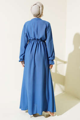 Bel Tünelli Boydan Düğmeli Elbise İndigo - Tesettür Elbise