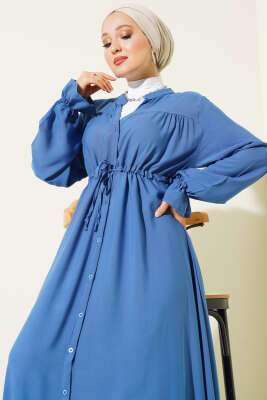 Bel Tünelli Boydan Düğmeli Elbise İndigo - Tesettür Elbise