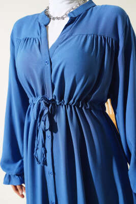 Bel Tünelli Boydan Düğmeli Elbise İndigo - Tesettür Elbise