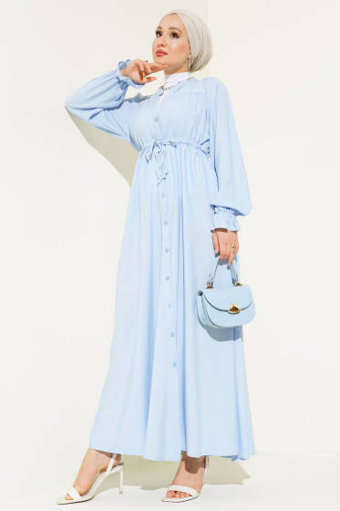 Bel Tünelli Boydan Düğmeli Elbise Mavi - Elbise