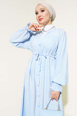 Bel Tünelli Boydan Düğmeli Elbise Mavi - Tesettür Elbise