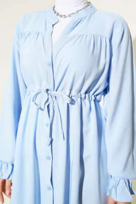 Bel Tünelli Boydan Düğmeli Elbise Mavi - Tesettür Elbise