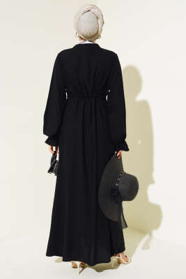 Bel Tünelli Boydan Düğmeli Elbise Siyah - Tesettür Elbise