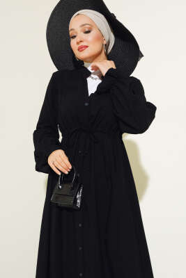 Bel Tünelli Boydan Düğmeli Elbise Siyah - Tesettür Elbise