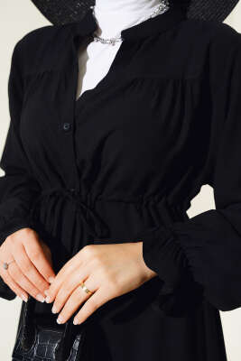 Bel Tünelli Boydan Düğmeli Elbise Siyah - Tesettür Elbise