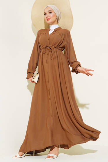 Bel Tünelli Boydan Düğmeli Elbise Taba - Elbise