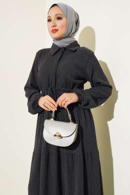 Bel Tünelli Bürümcük Elbise Antrasit - Tesettür Elbise